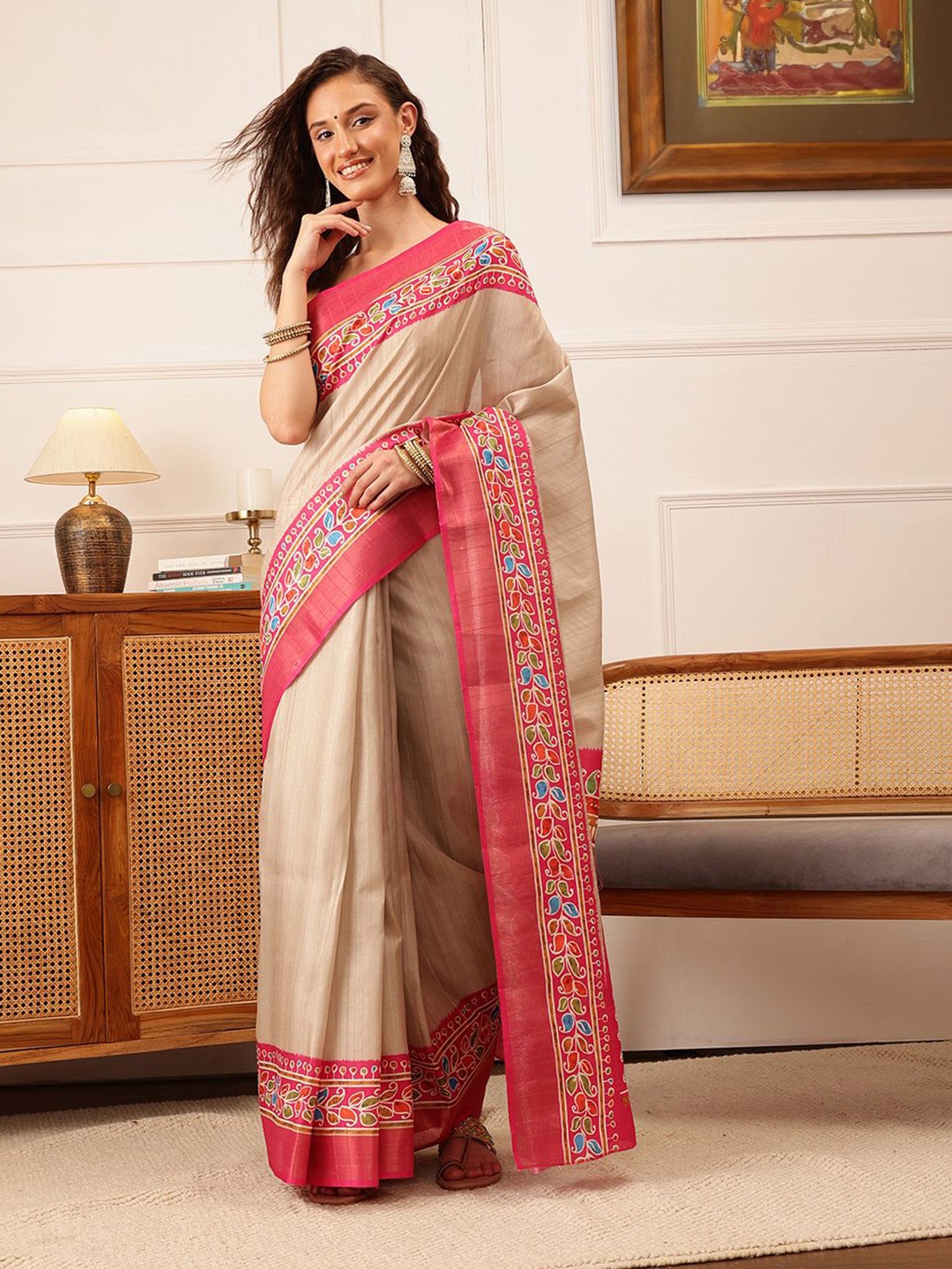 

Silk Land Paisley Embroidered Banarasi Saree, Beige