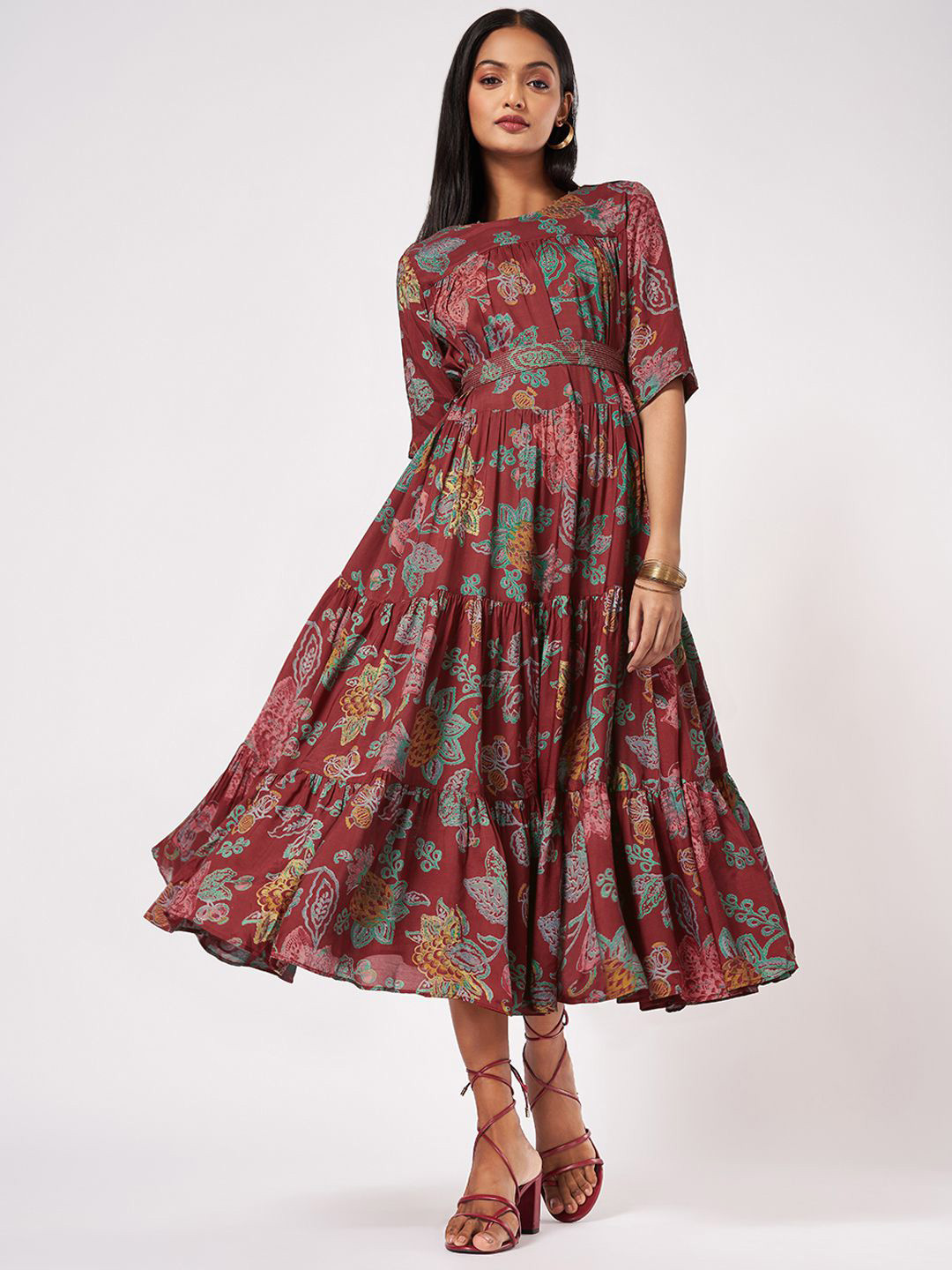 

Marigold Lane Women Floral Print Fit & Flare Midi Dress, Red
