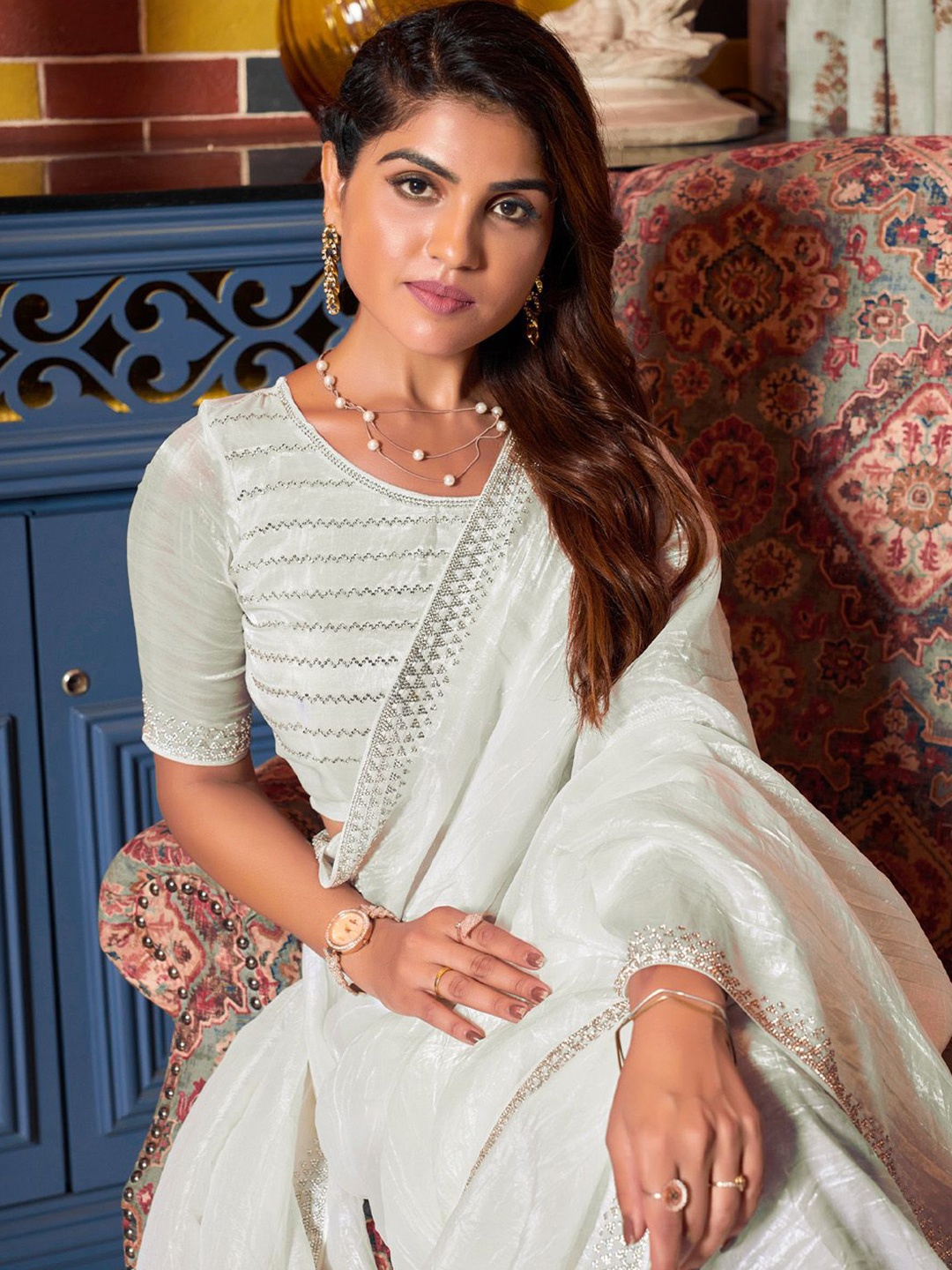 

Anouk Beads and Stones Pure Silk Saree, Off white