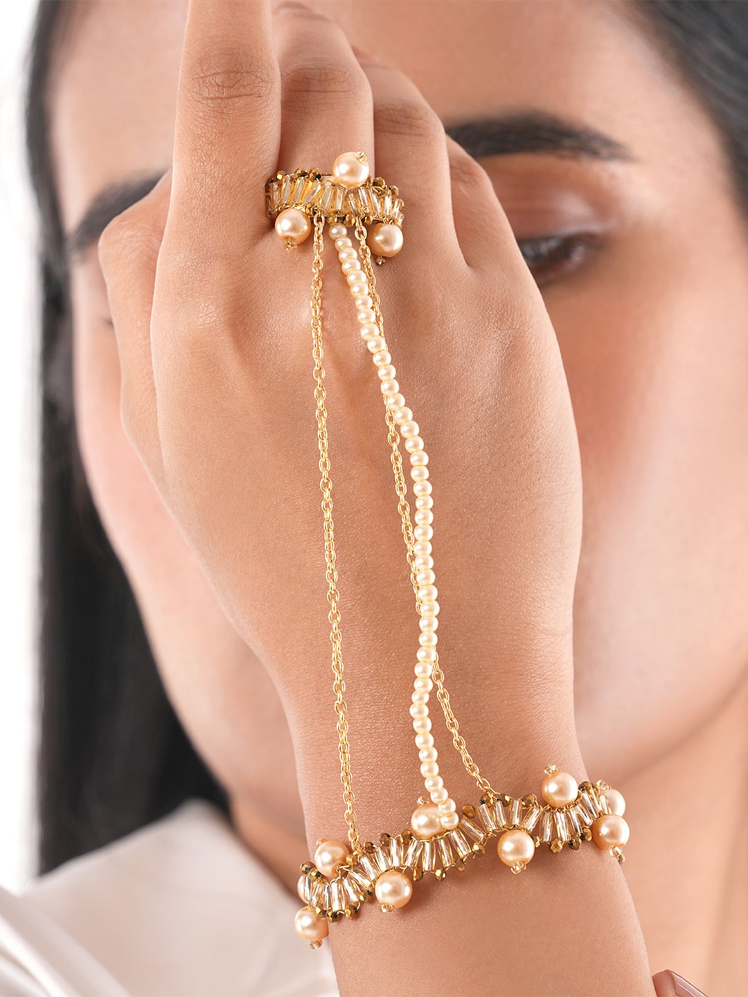 

D'oro Varnam Hand Harness Beaded Ring Bracelet, Beige