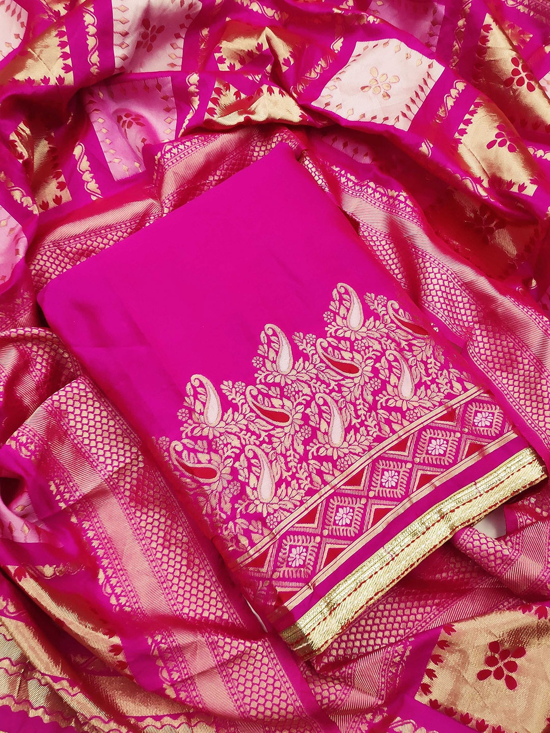 

Ishin Paisley Woven Design Zari Unstitched Dress Material, Pink