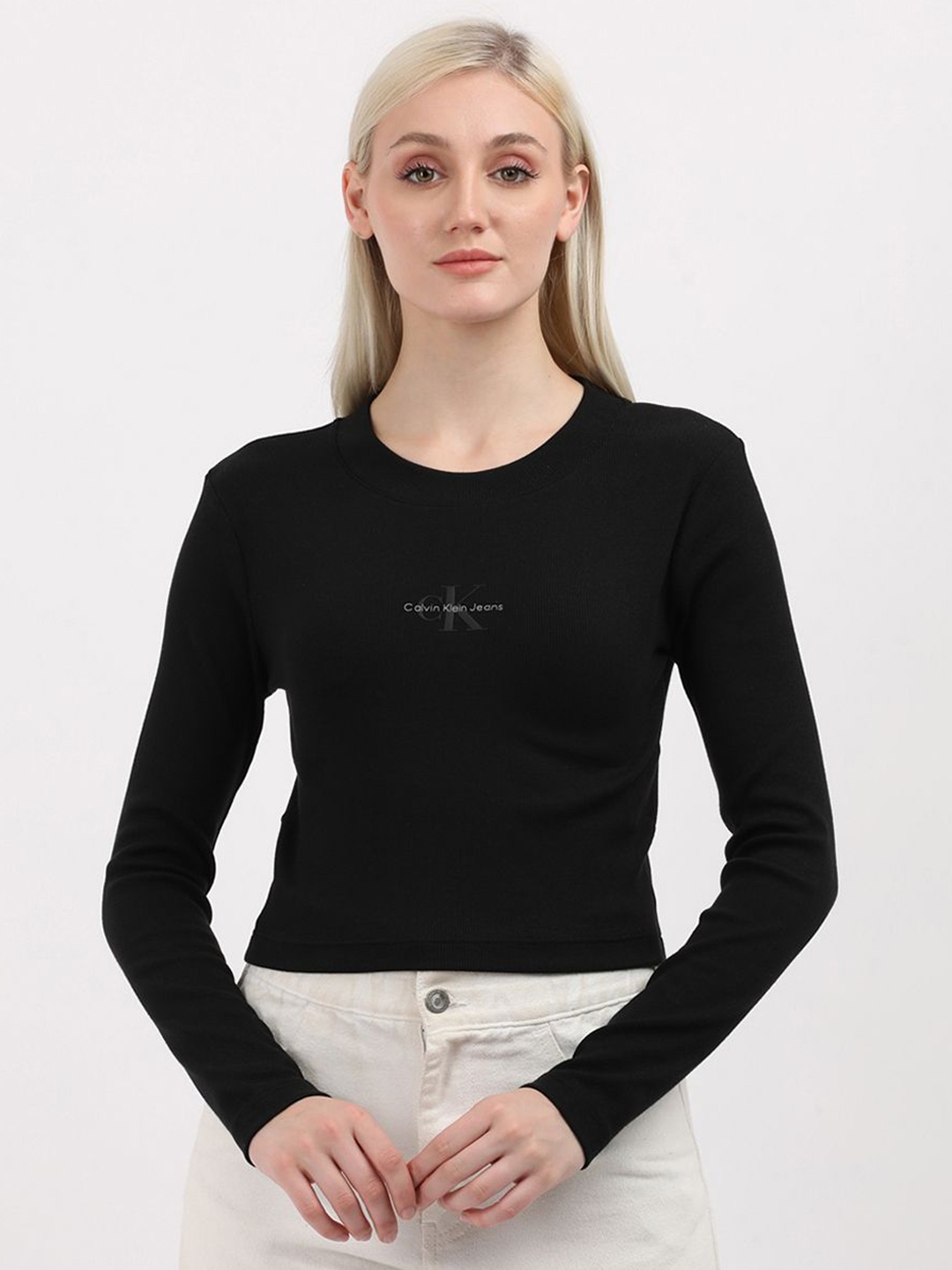 

Calvin Klein Jeans Women Brand Logo Printed Round Neck Cotton T-Shirt, Black