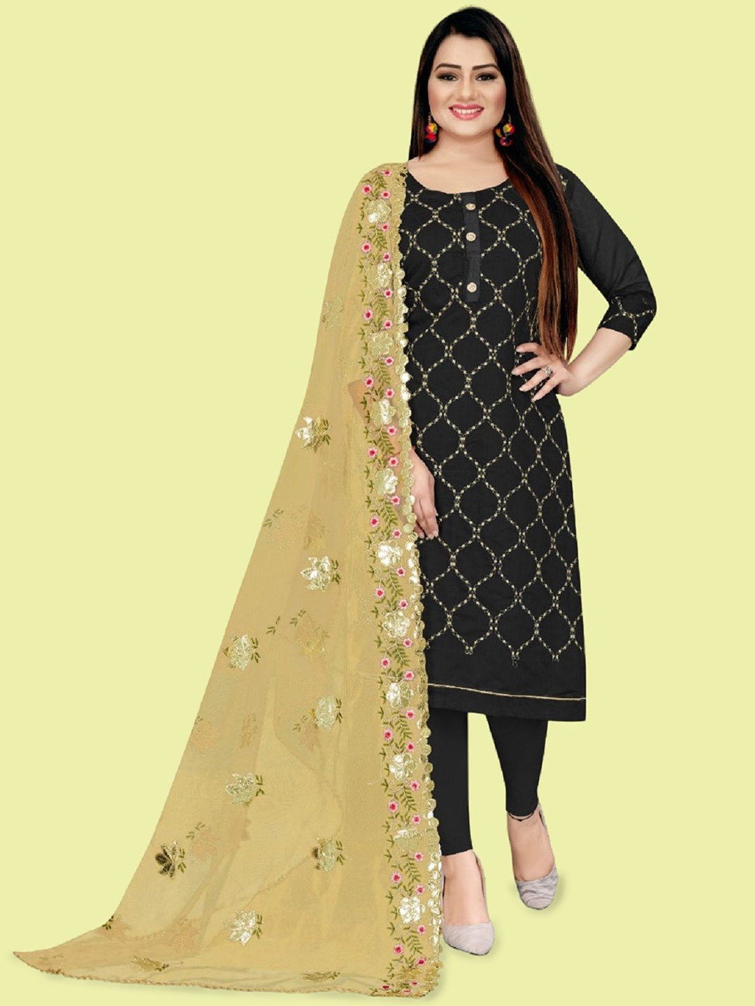 

APNISHA Geometric Embroidered Unstitched Dress Material, Black