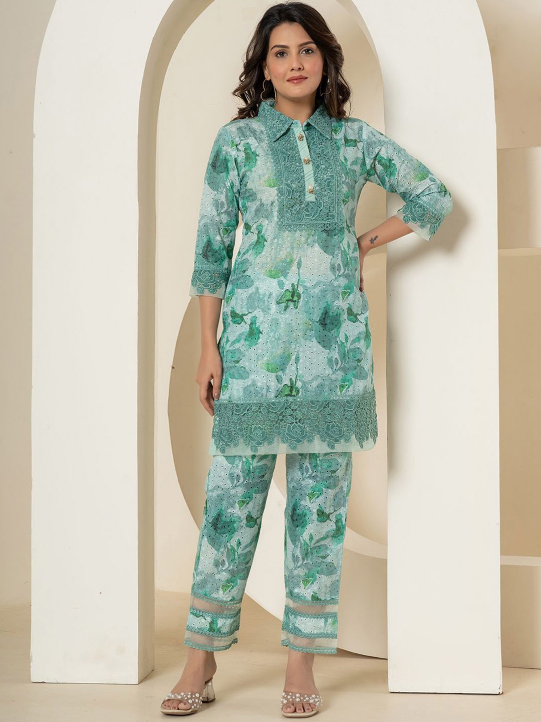

Yufta Floral Printed Shirt Collar Pure Cotton Tunic With Trousers, Sea green