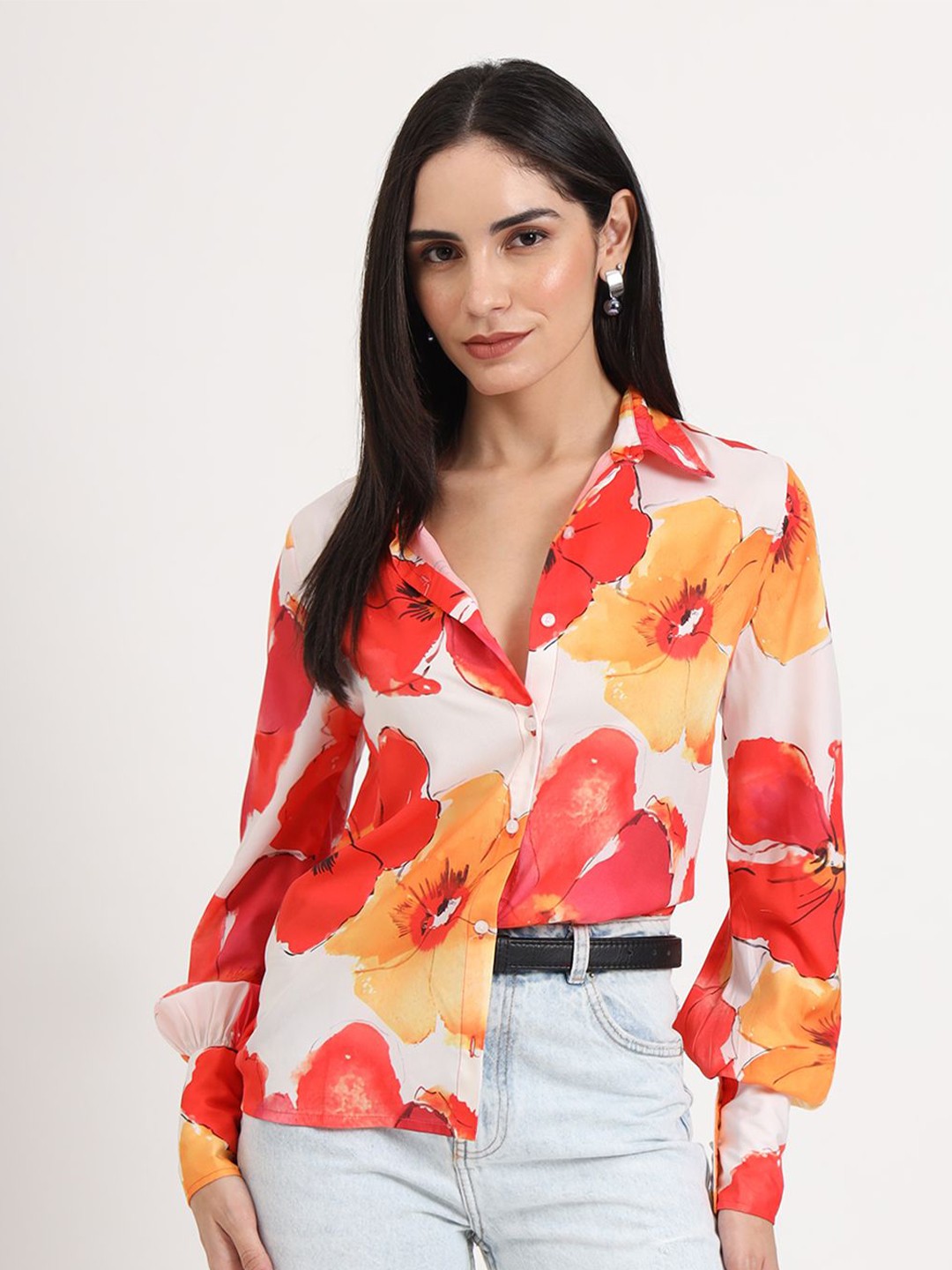 

AMSWAN Women Premium Spread Collar Floral Printed Relaxed Fit Casual Shirt, White