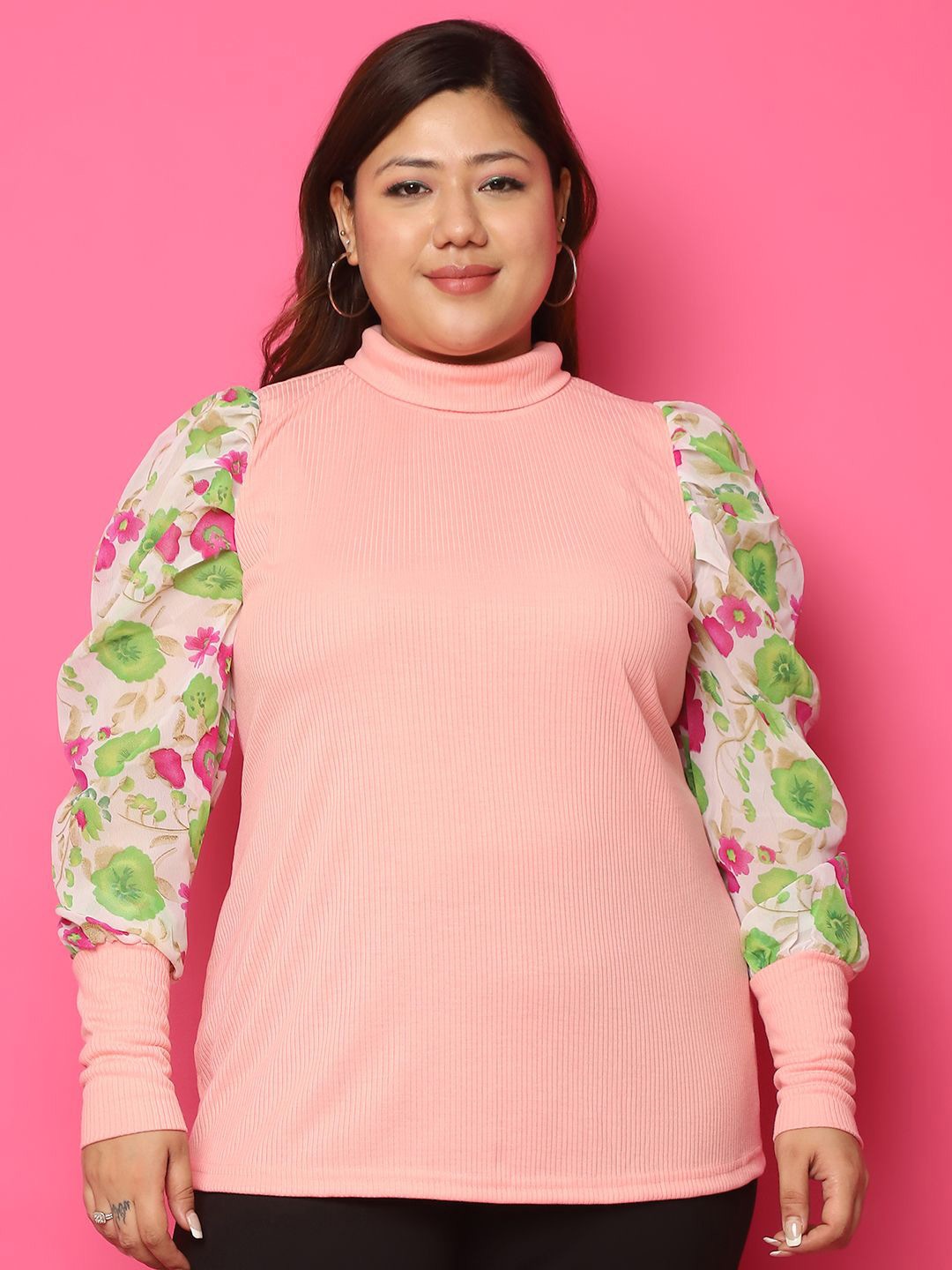 

theRebelinme Women Floral Printed High Neck Cotton Top, Pink