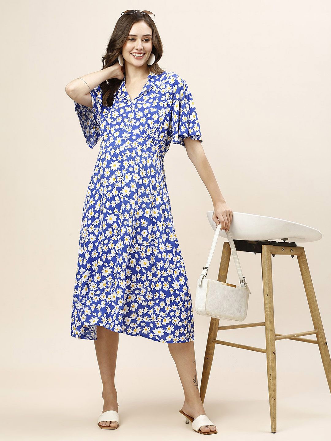

MomToBe Floral Printed Shirt Collar Maternity Fit & Flare Midi Dress, Blue