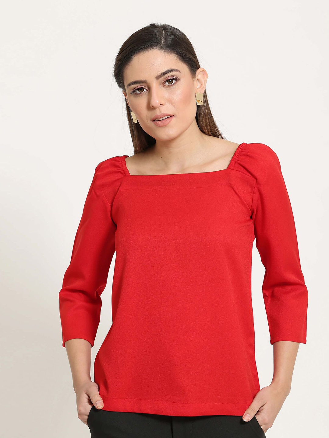 

SALT ATTIRE Women Solid Cherr Red Square Neck Top