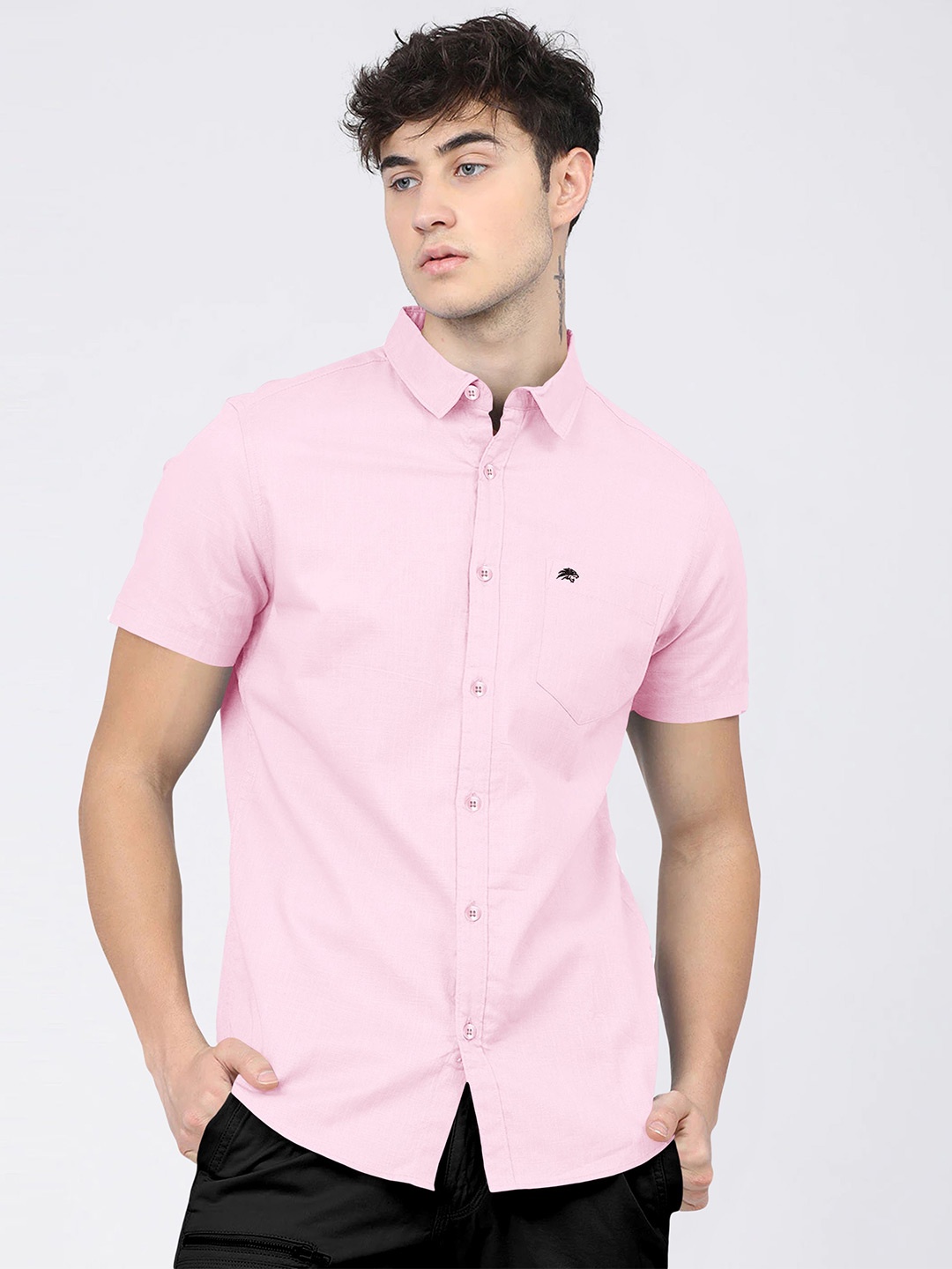 

BRUCEWANE Men Standard Spread Collar Solid Cotton Semiformal Shirt, Pink