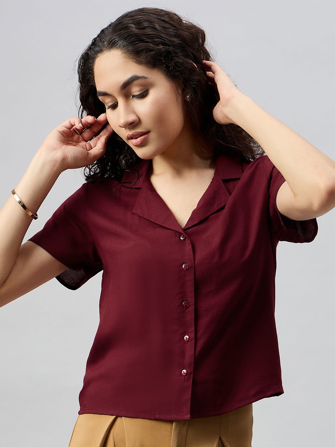 

Deewa Women Solid Lapel Collar Top, Maroon