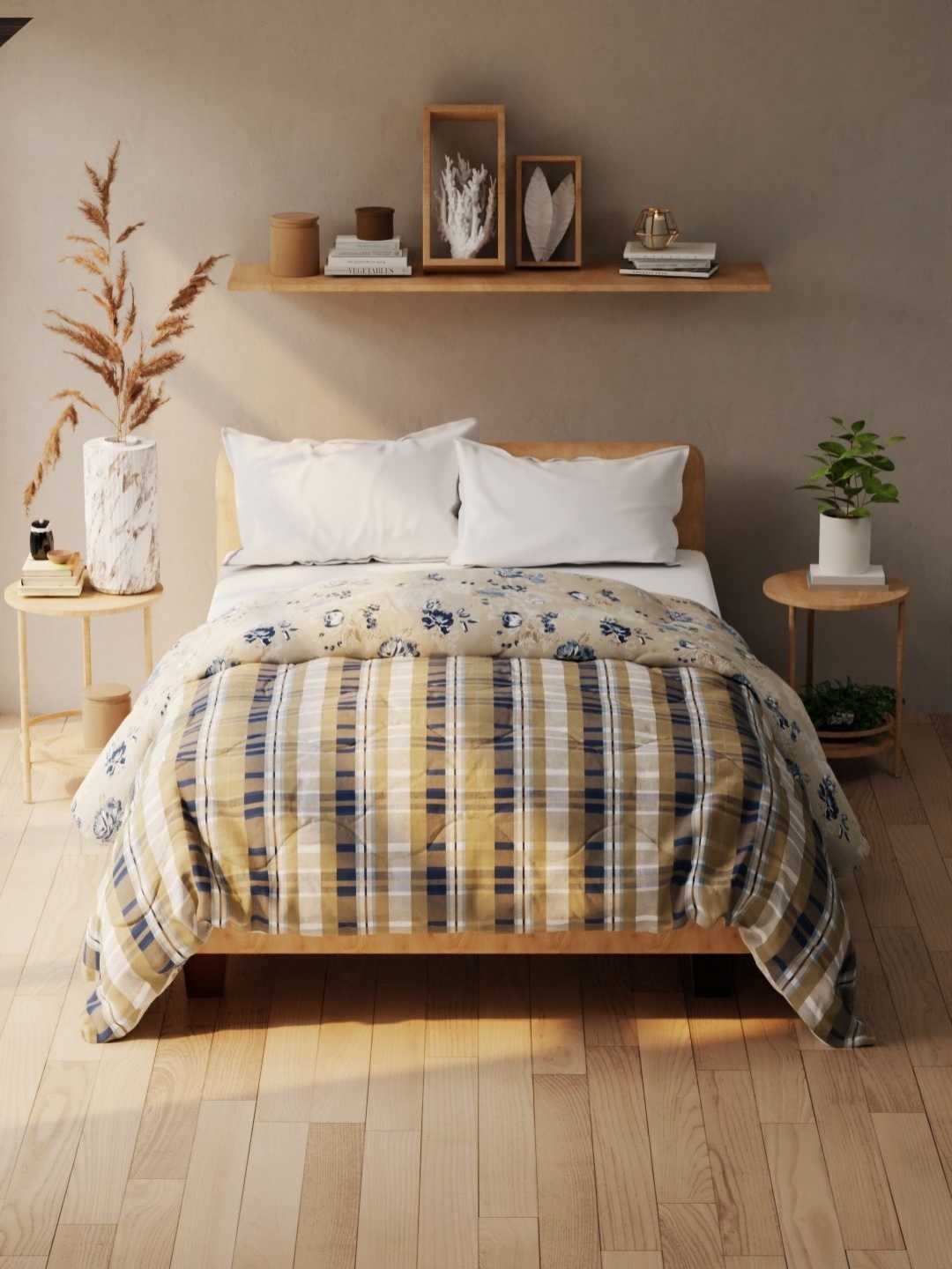 

KOPA Broen & Blue Floral Printed 120 GSM Microfiber AC Room Double Bed Comforter, Brown