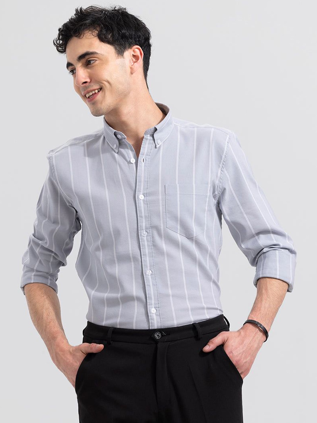 

Snitch Men Relaxed Button-Down Collar Striped Cotton Slim Fit Casual Shirt, Grey