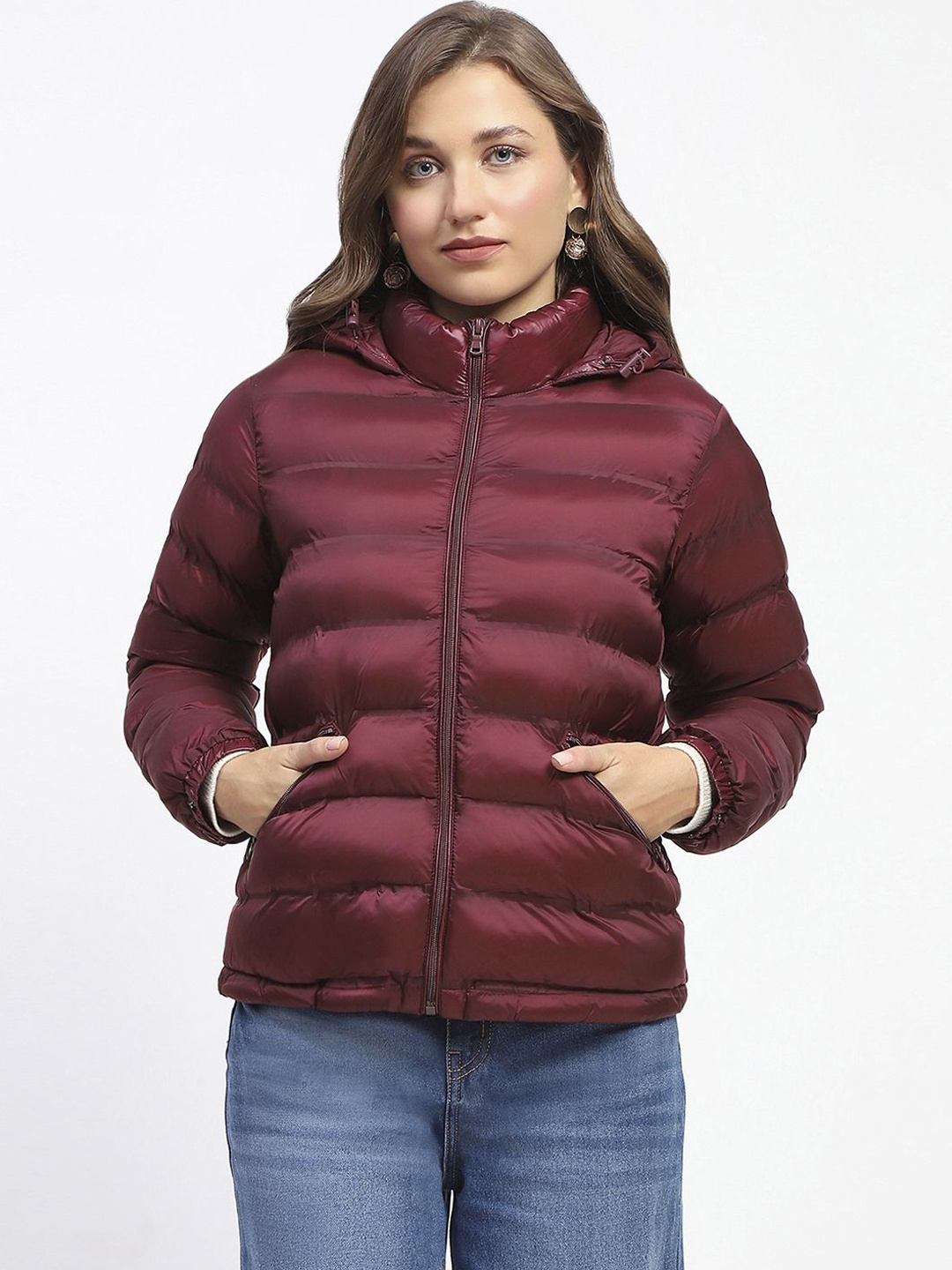 

Madame Women Solid Hooded Puffer Jacket, Maroon
