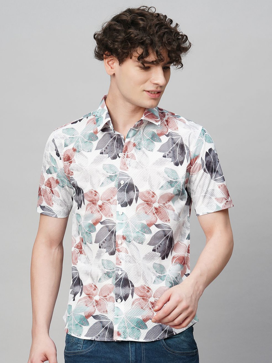 

TRYBUY.IN Men Comfort Spread Collar Floral Printed Cotton Party Shirt, White