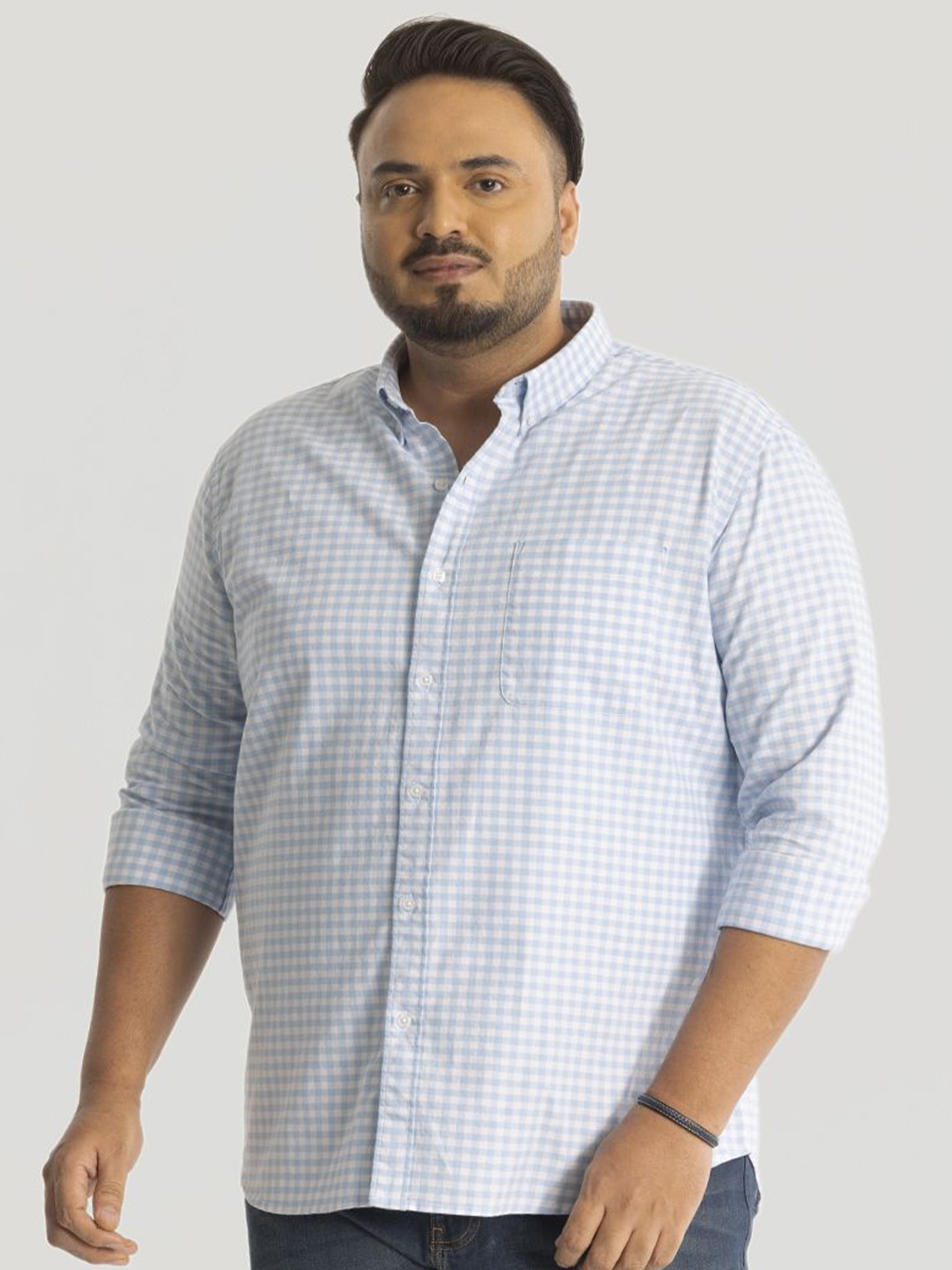 

Snitch Men Plus Size Classic Button-Down Collar Micro Checked Cotton Casual Shirt, Blue