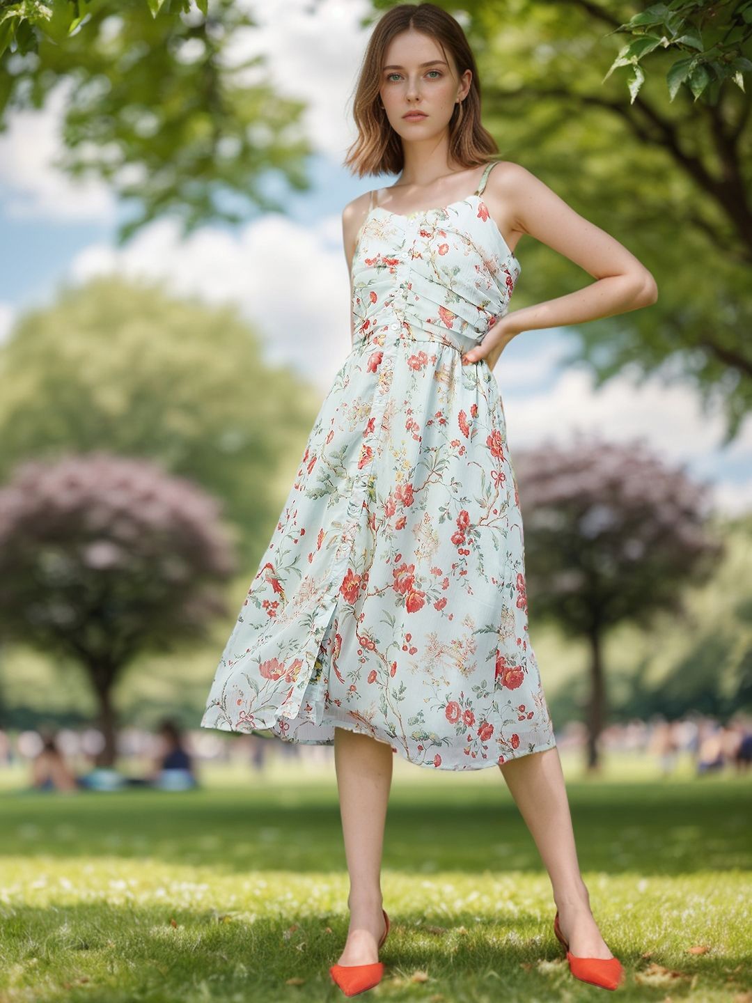 

RARE Floral Printed With Smocked Detail Fit & Flare Dress, Sea green