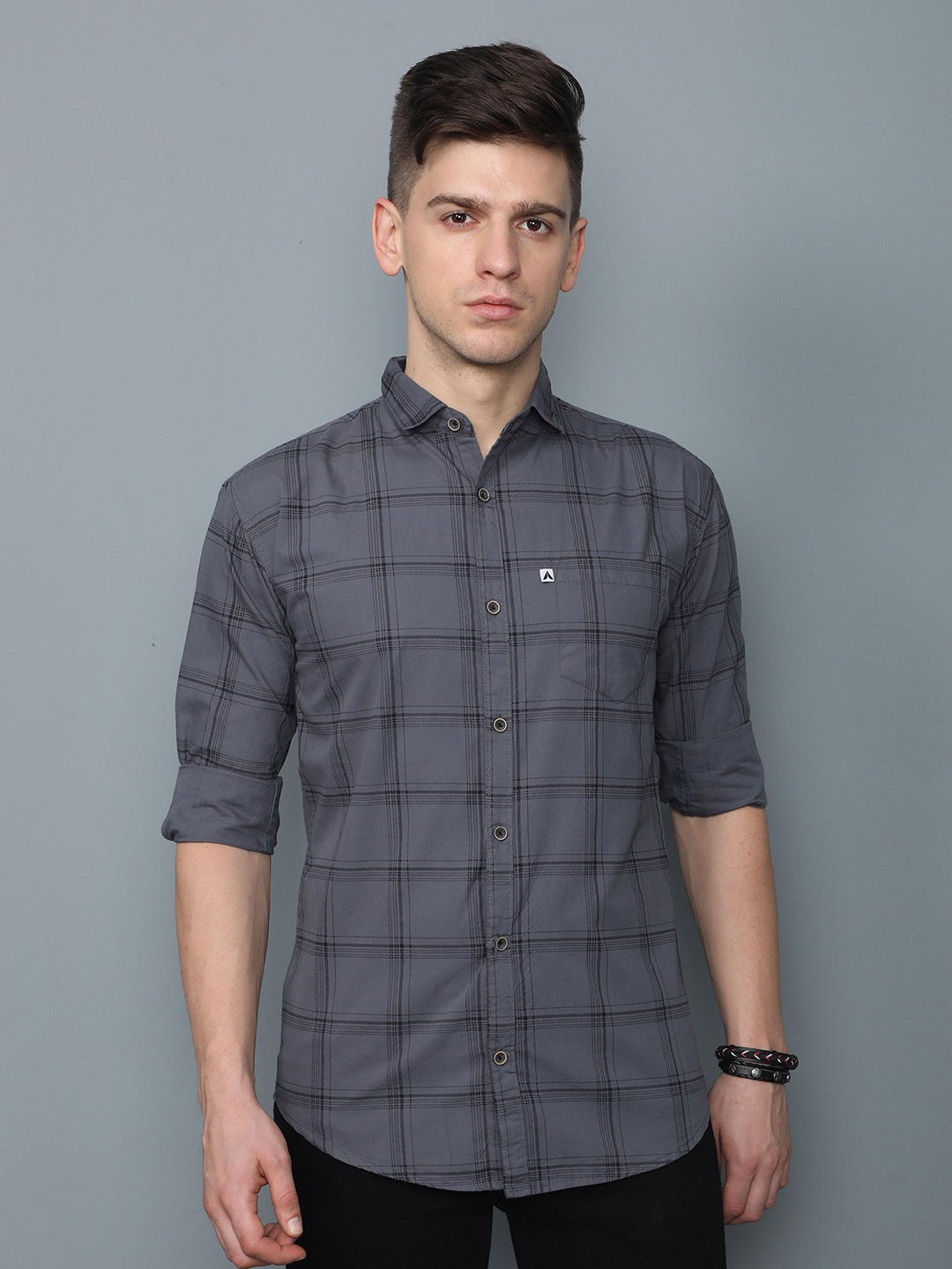 

AIDAN PAUL Men Comfort Spread Collar Windowpane Checked Cotton Casual Shirt, Grey