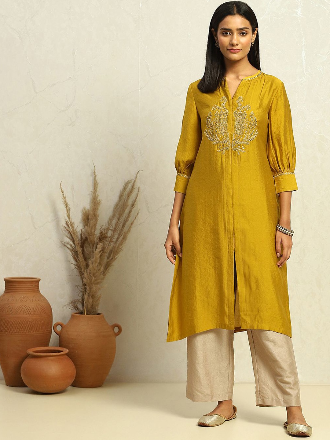 

Biba Floral Yoke Design Puff Sleeves Sequinned A-Line Kurta, Yellow