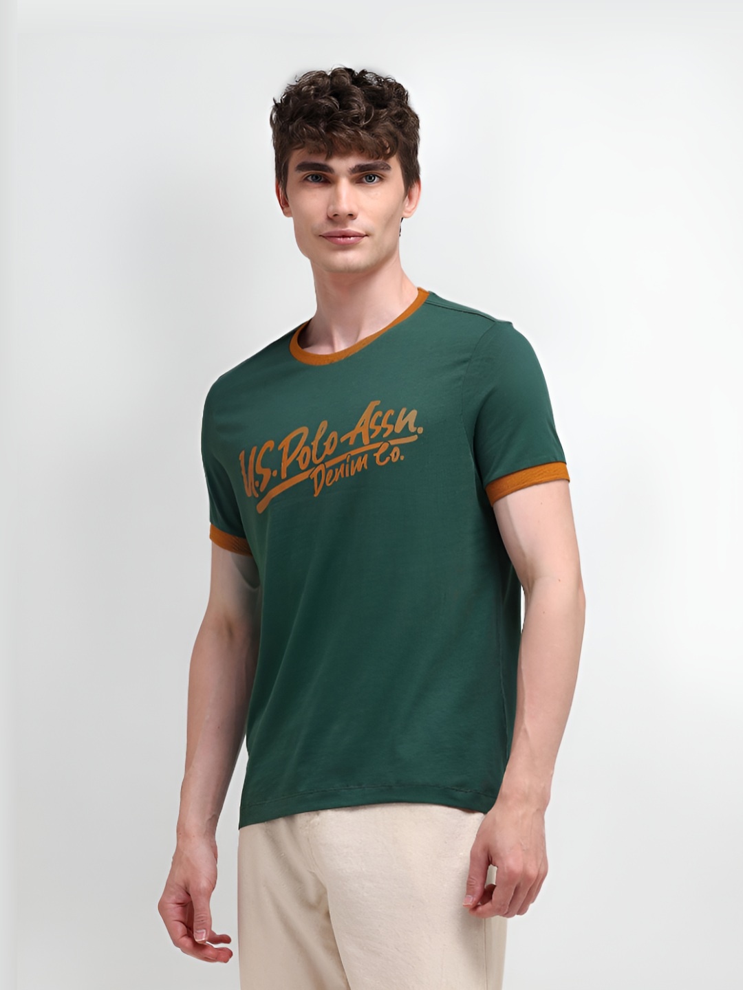 

U.S. Polo Assn. Men Typography Printed Round Neck Cotton Slim Fit T-Shirt, Green