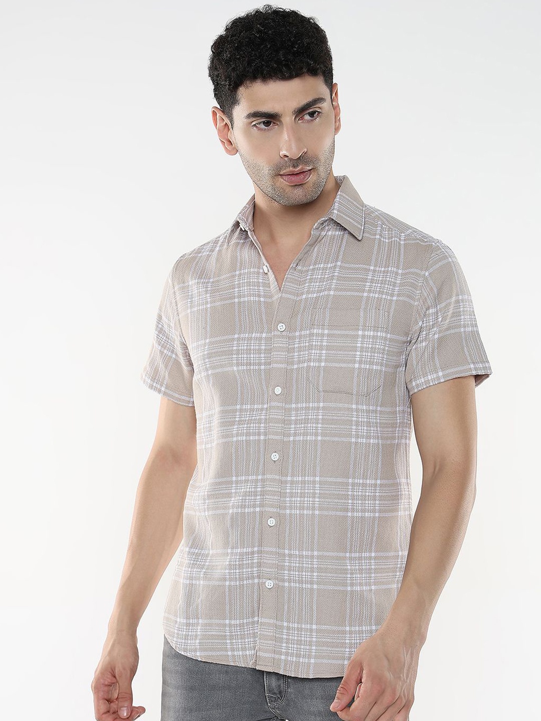 

R&B Men Spread Collar Tartan Checked Cotton Casual Shirt, Beige
