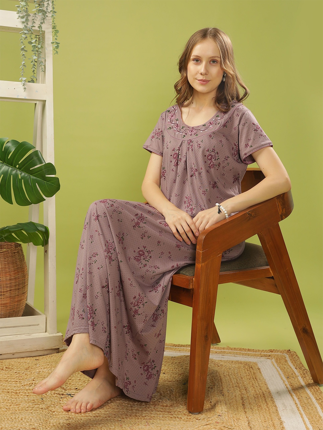 

9shines Label Women Printed Maxi Nightdress, Purple