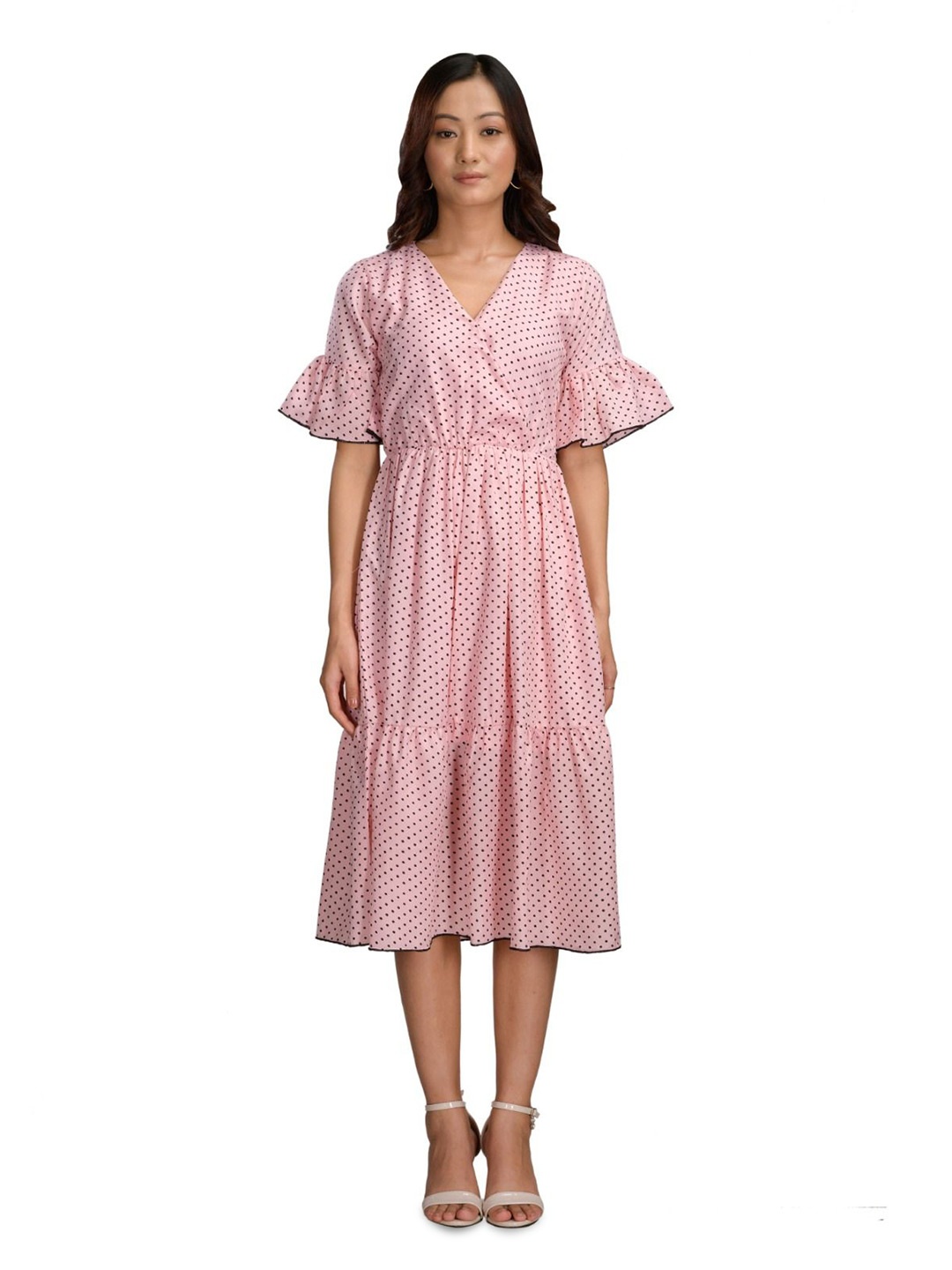 

KRISS-CROX Polka Dots Printed Fit & Flare Midi Dress, Pink
