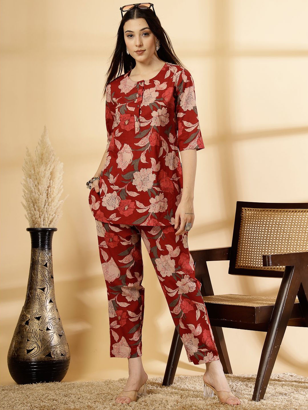 

Pistaa Floral Printed Cotton Top With Trousers, Maroon