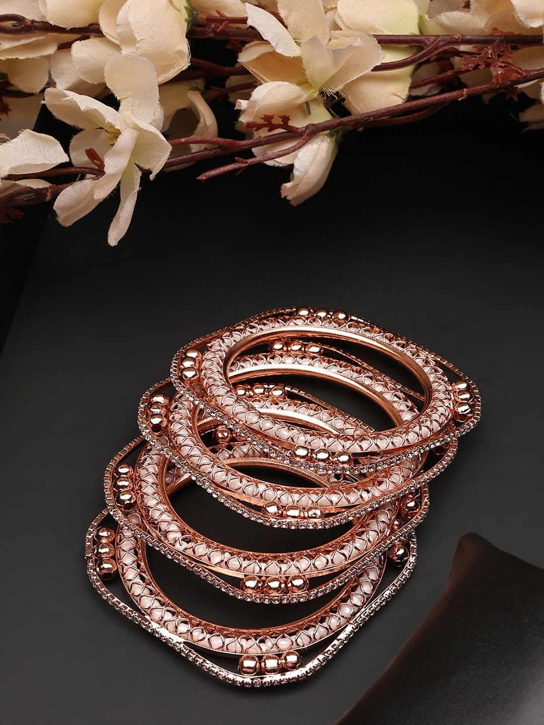 

Anouk White Set Of 4 Rose Gold-Plated Cubic Zirconia-Studded Square Shape Bangles