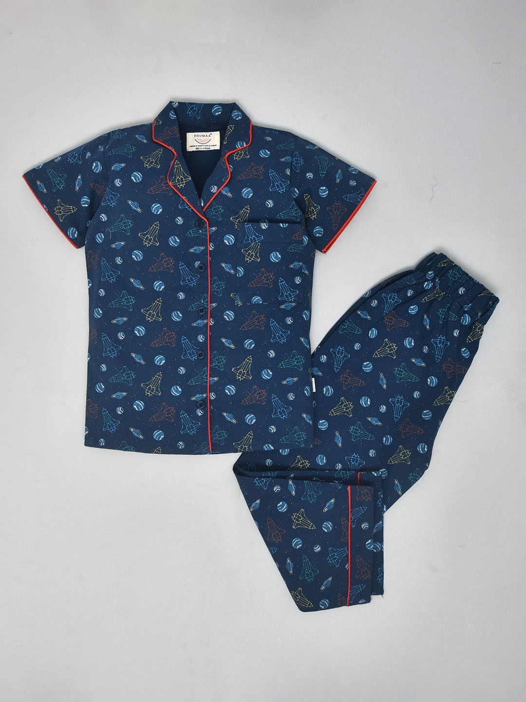 

YOUMAA Kids Conversational Printed Lapel Collar Pure Cotton Night suit, Blue