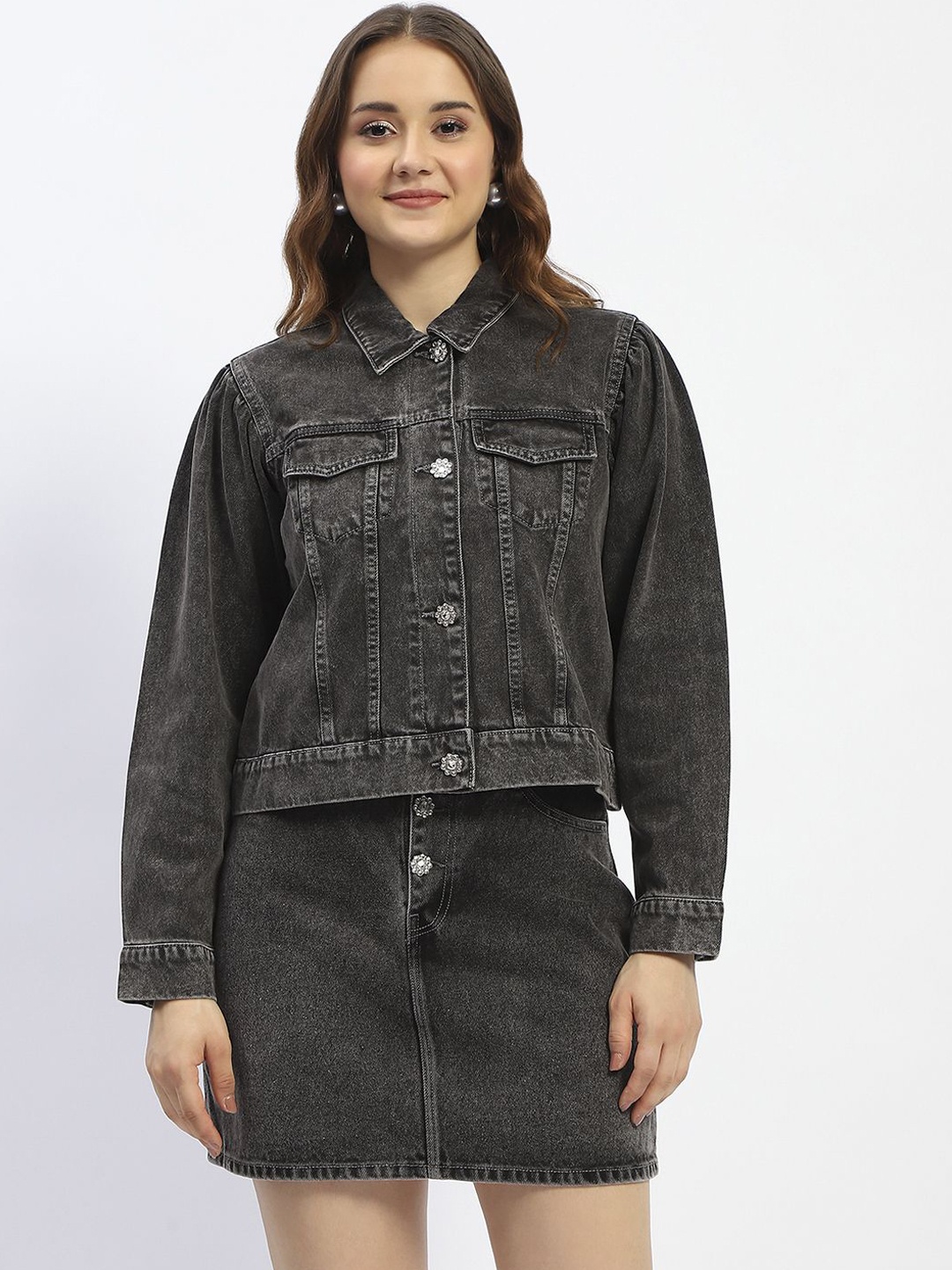 

Madame Women Solid Cotton Denim Jacket, Black