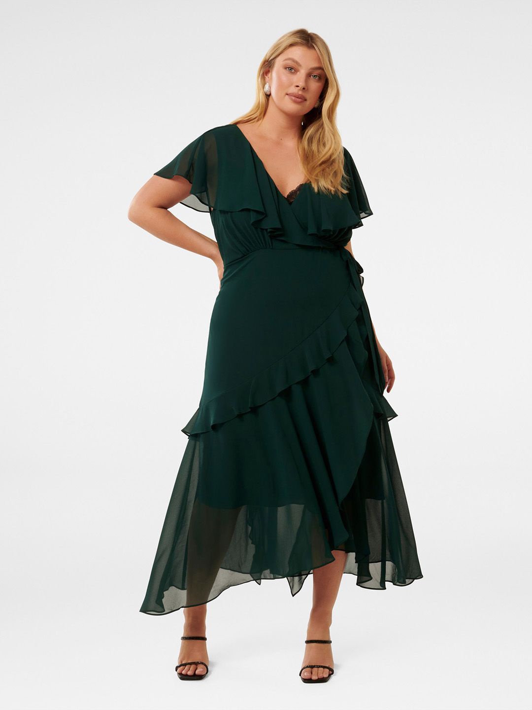 

Forever New Solid Flutter Sleeve Fit & Flare Midi Dress, Green