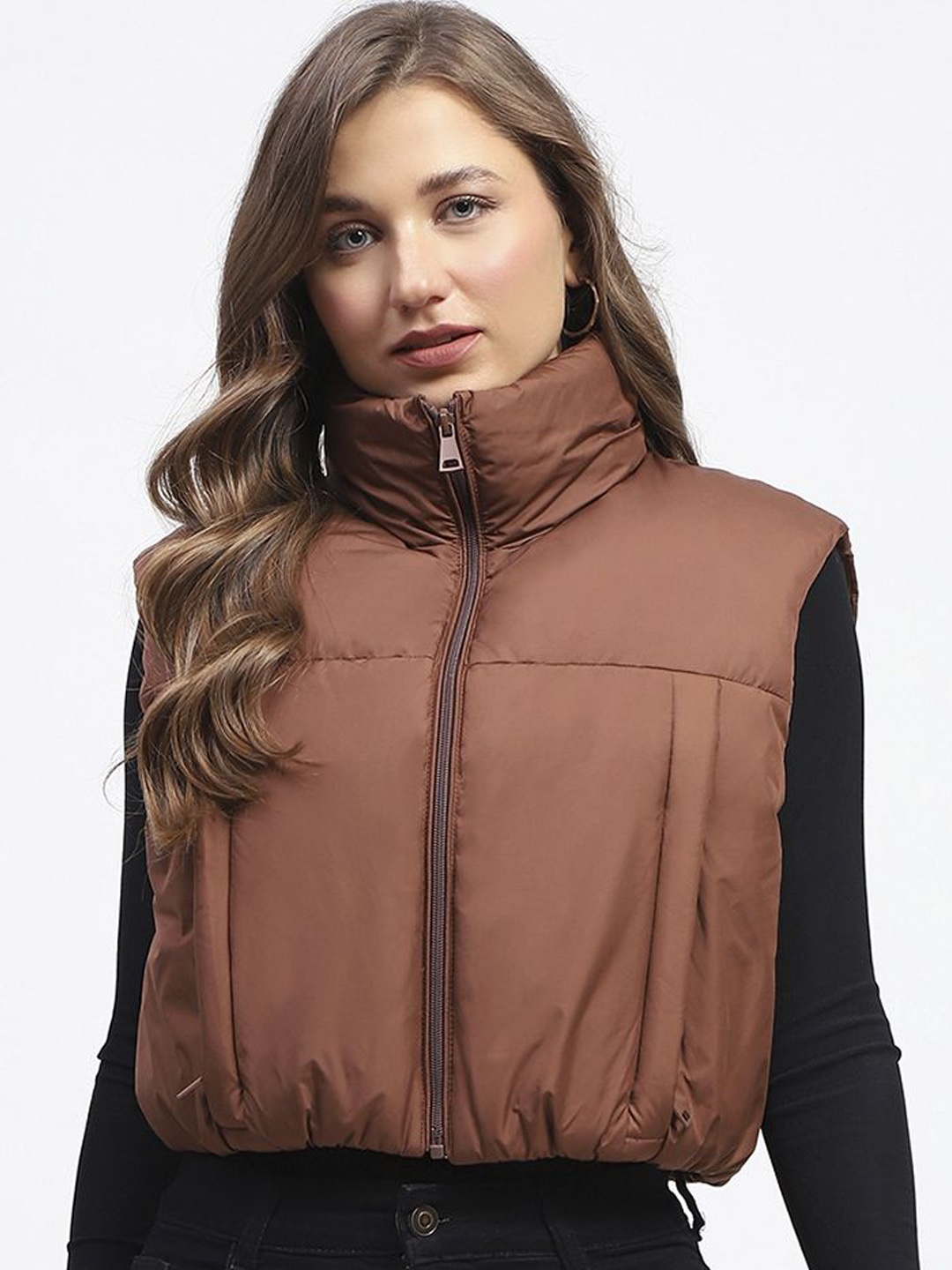 

Madame Women Solid Crop Mock Collar Padded Jacket, Brown