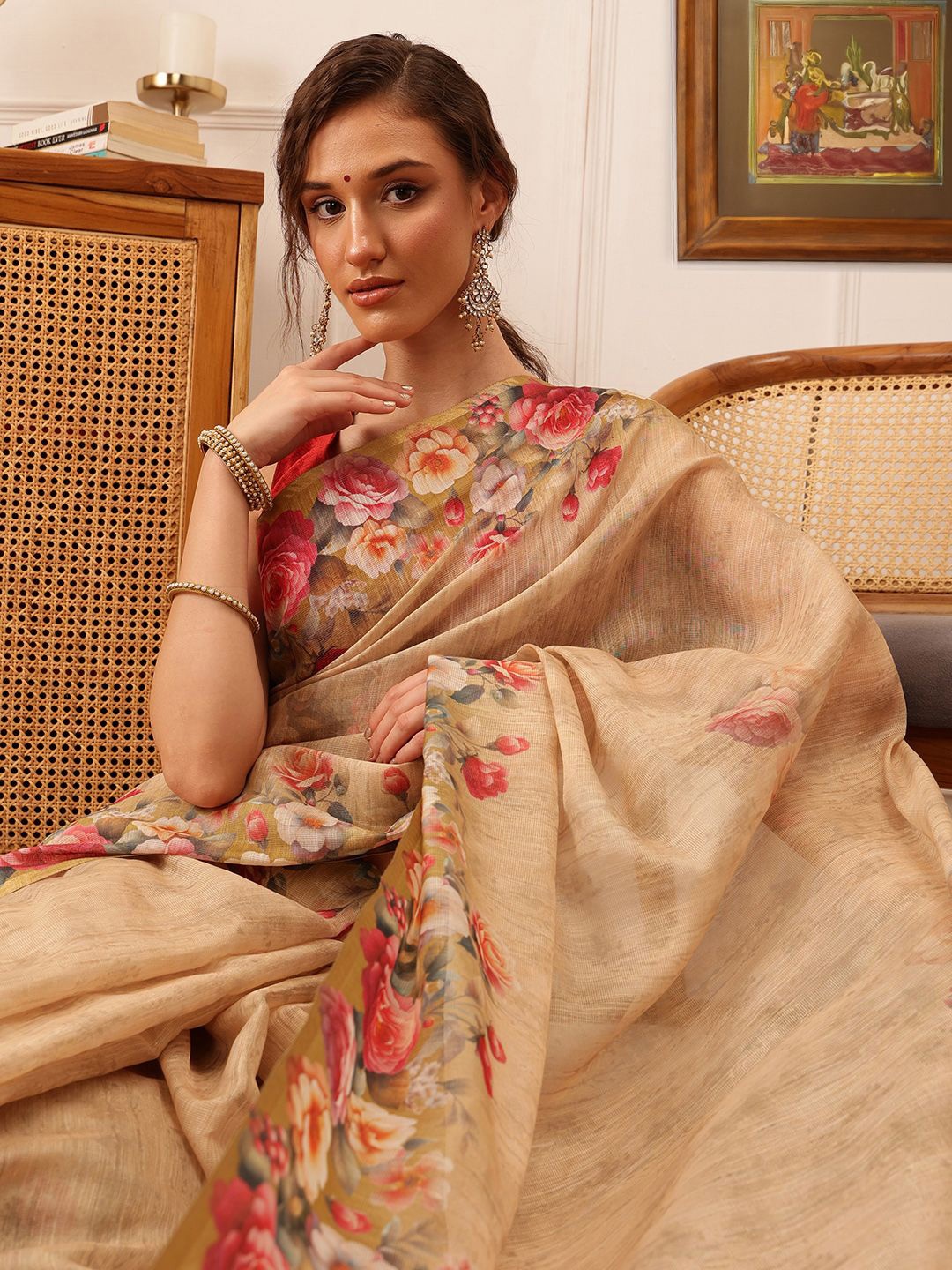 

Silk Land Floral Chnaderi Cotton Digital Print Saree, Beige