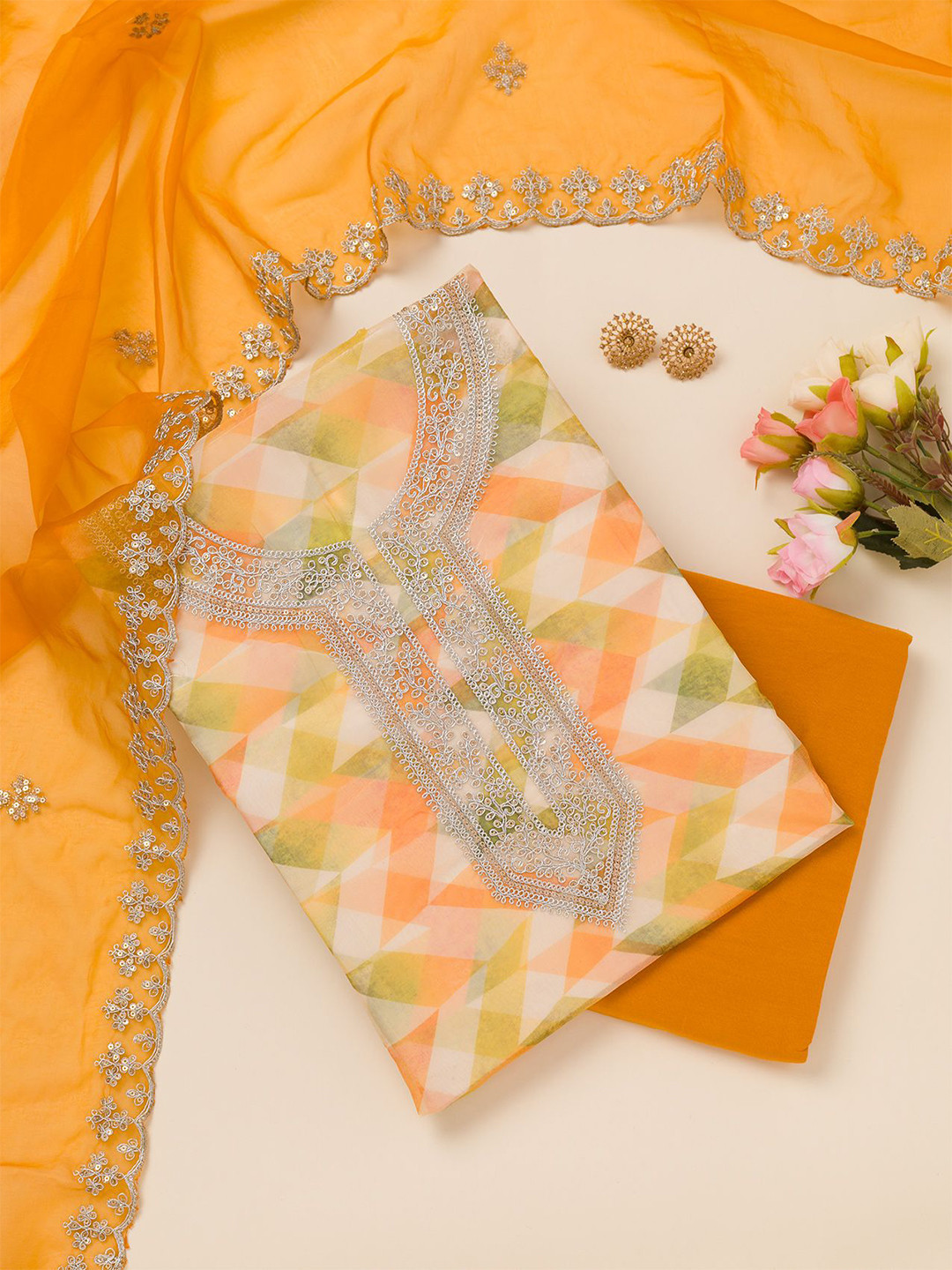 

Koskii Geometric Printed Zari Organza Unstitched Dress Material, Yellow