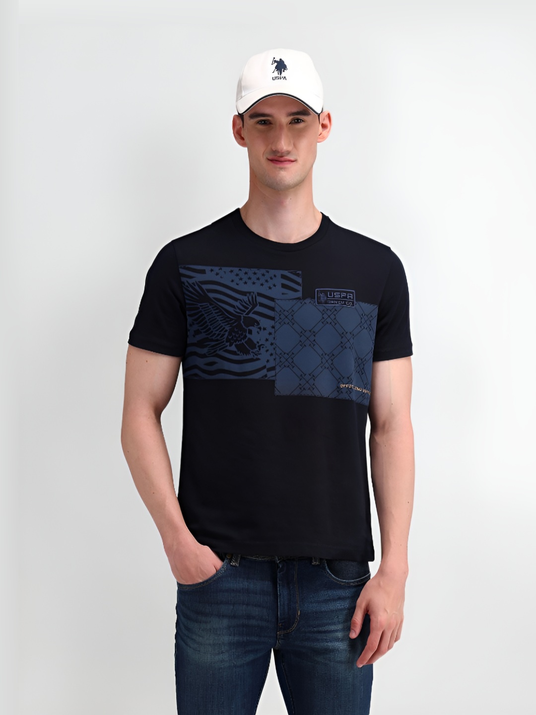 

U.S. Polo Assn. Men Graphic Printed Round Neck Cotton Slim Fit T-Shirt, Blue