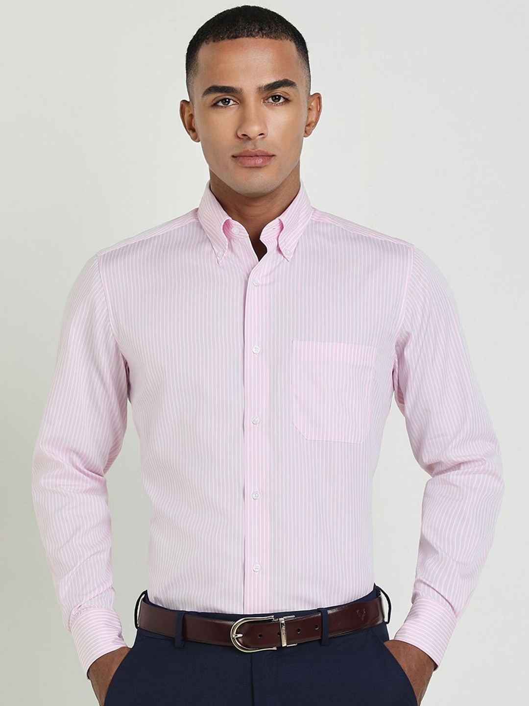 

Allen Solly Sport Men Button-Down Collar Solid Striped Cotton Formal Shirt, Pink