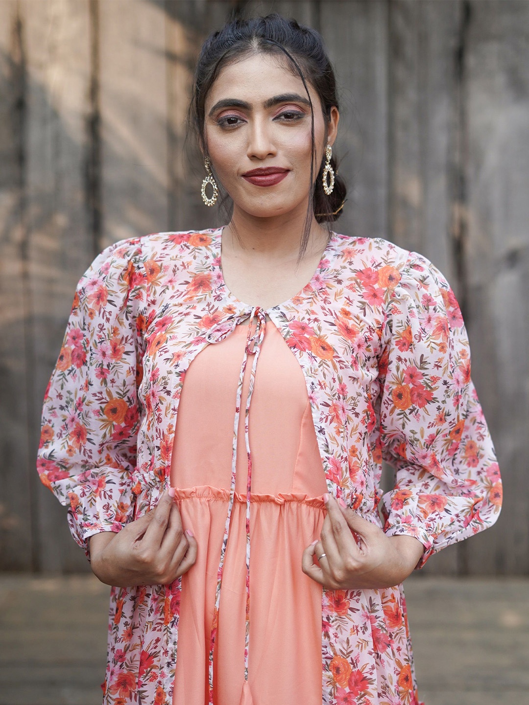 

GO BOUJEE Floral Printed Puff Sleeve Crepe Maxi Dress, Orange