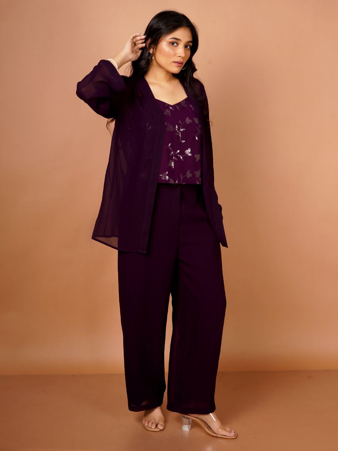 

Zink London Embroidered Shoulder Strap Crop Top With Trousers & Shrug, Purple