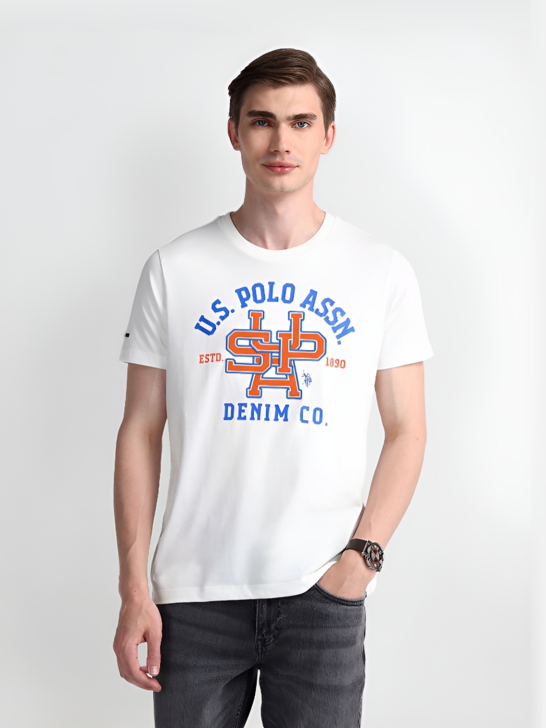 

U.S. Polo Assn. Men Typography Printed Round Neck Cotton Slim Fit T-Shirt, White
