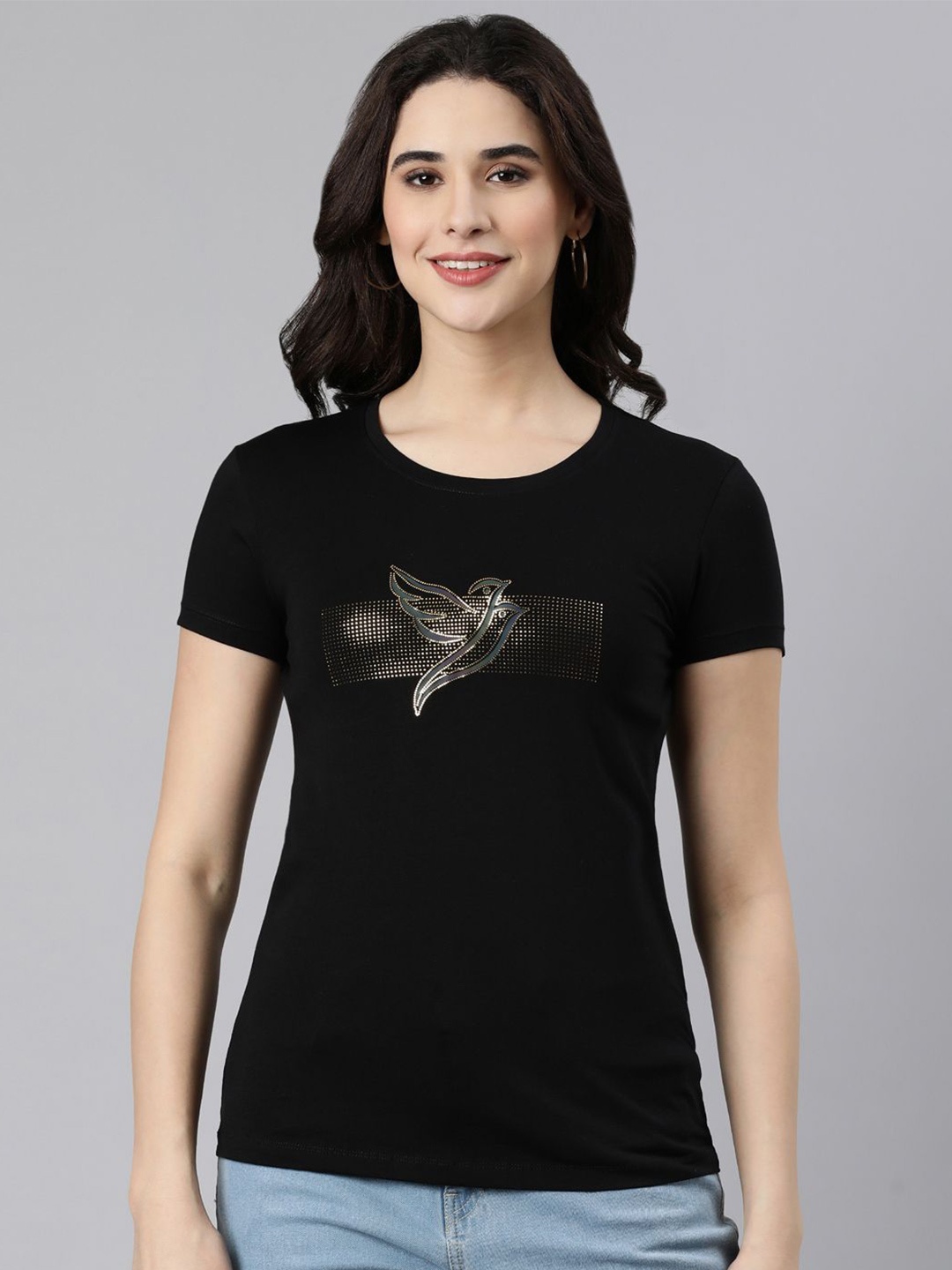 

TWIN BIRDS Women Graphic Printed Round Neck Cotton Slim Fit T-Shirt, Black