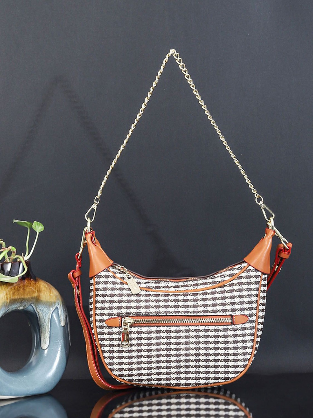 

Bagsy Malone Checked PU Structured Sling Bag with, Tan