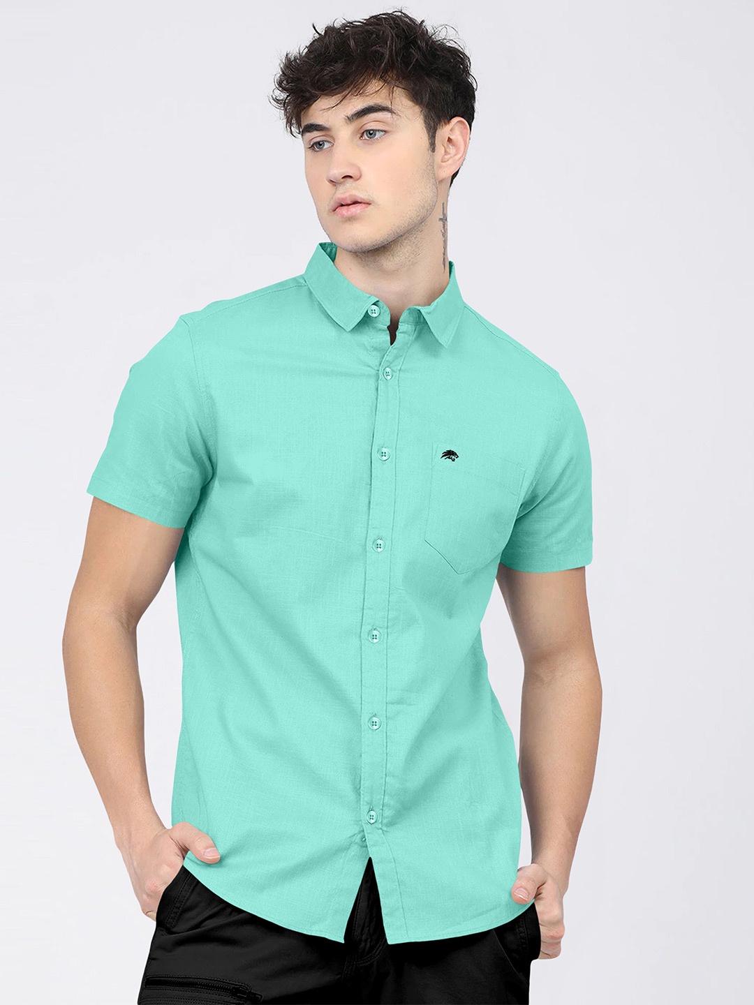 

BRUCEWANE Men Standard Spread Collar Solid Cotton Casual Shirt, Teal