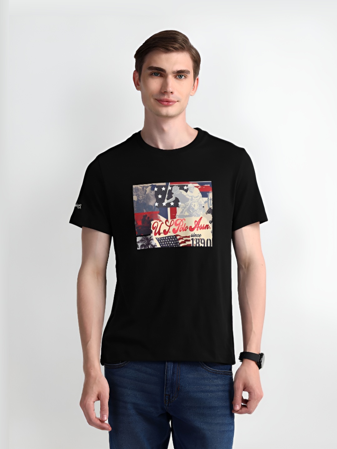 

U.S. Polo Assn. Men Graphic Printed Round Neck Cotton Slim Fit T-Shirt, Black