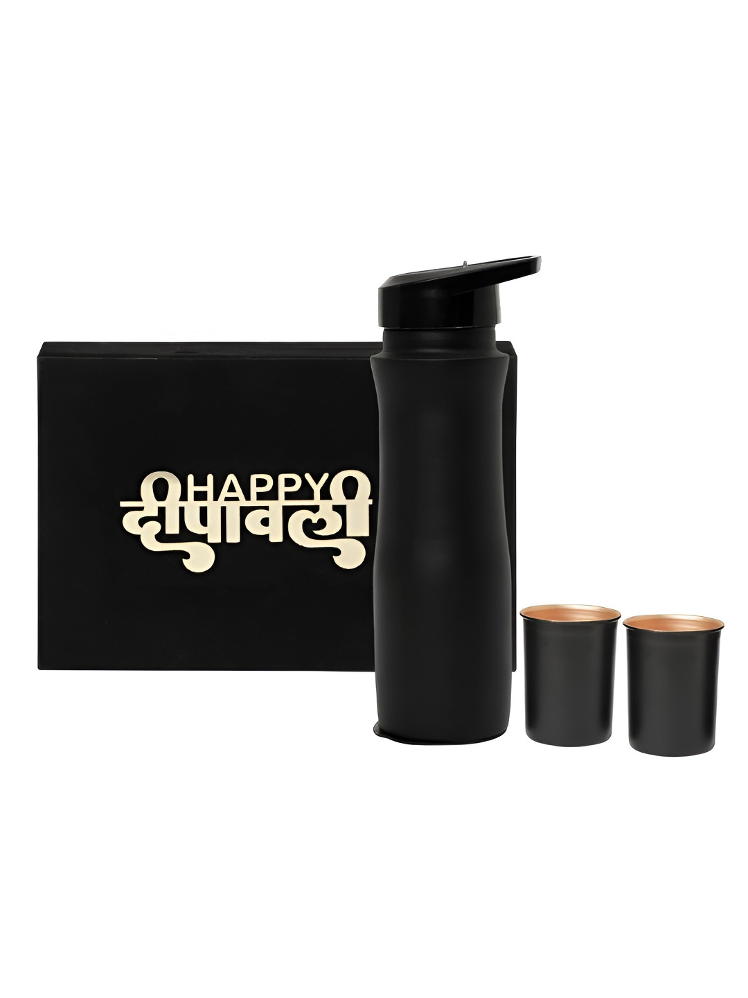 

INTERNATIONAL GIFT Black 3 Pieces Copper Water Bottle with Glasses & Happy Diwali Tag