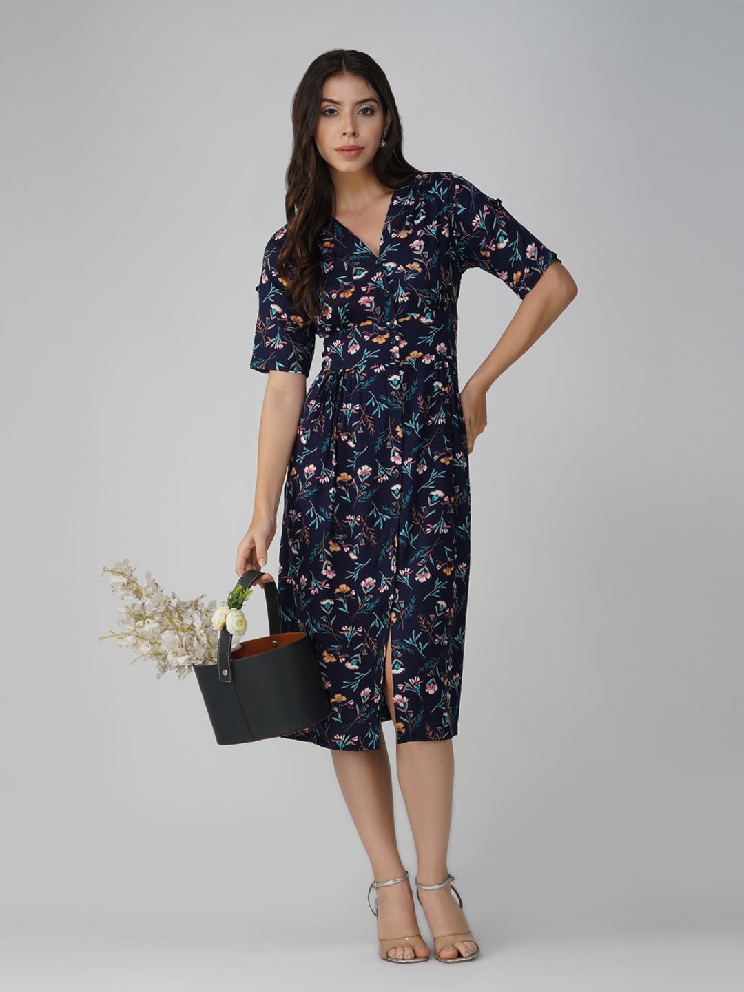 

Vastraa Fusion Floral Print Fit & Flare Midi Dress, Navy blue