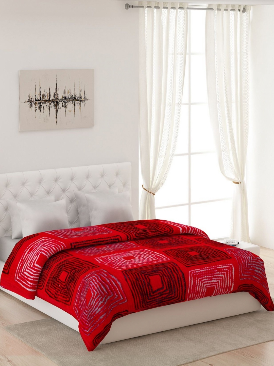 

Monte Carlo Red & Black Geometric Printed 800GSM Mild Winter Double Bed Blanket