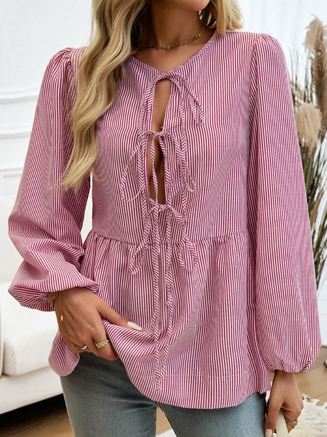 

StyleCast x Revolte Women Striped Tie-Up Neck Top, Pink