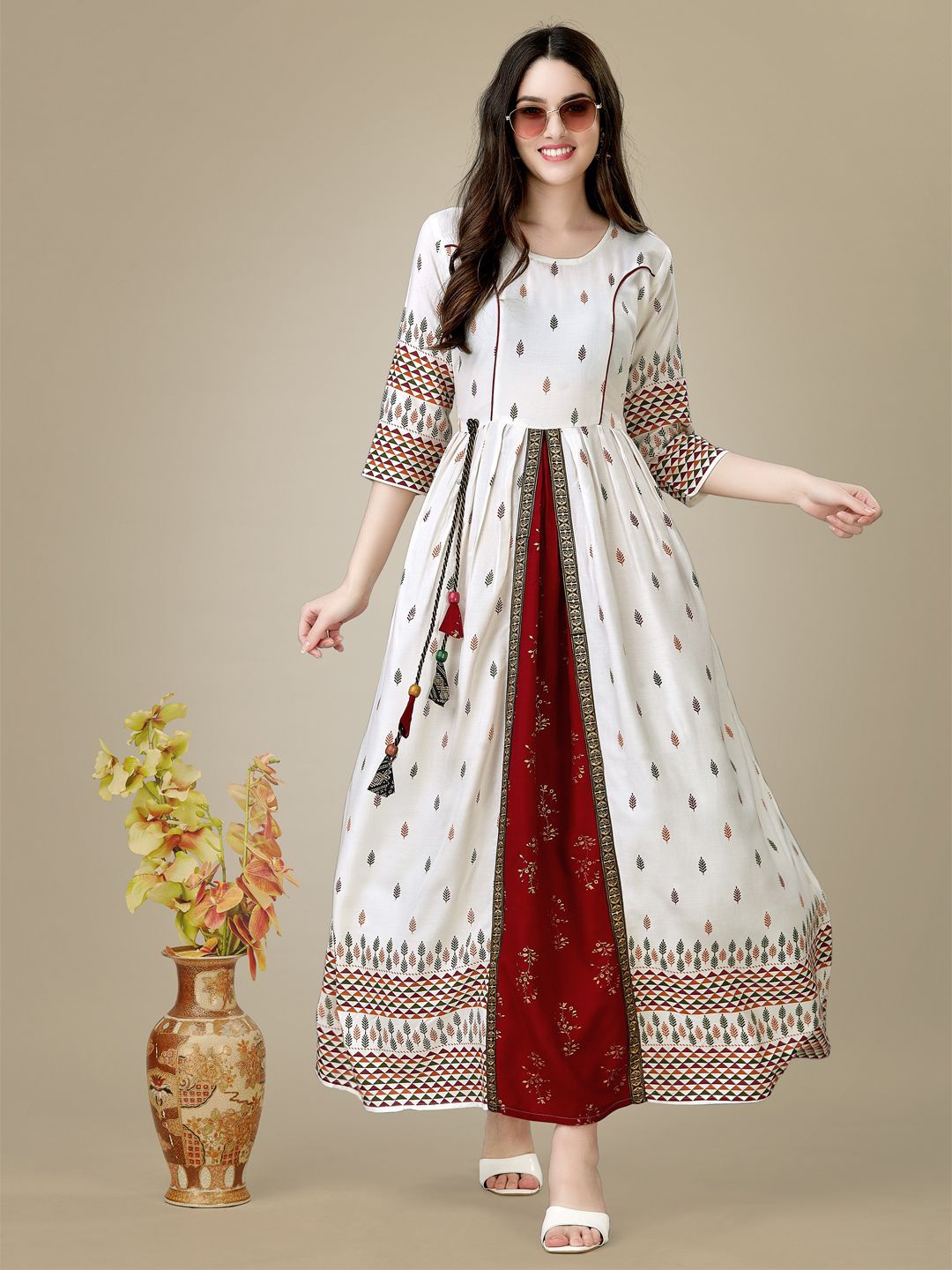 

WILNERCROWN Floral Printed Fit & Flare Ethnic Dresses, White