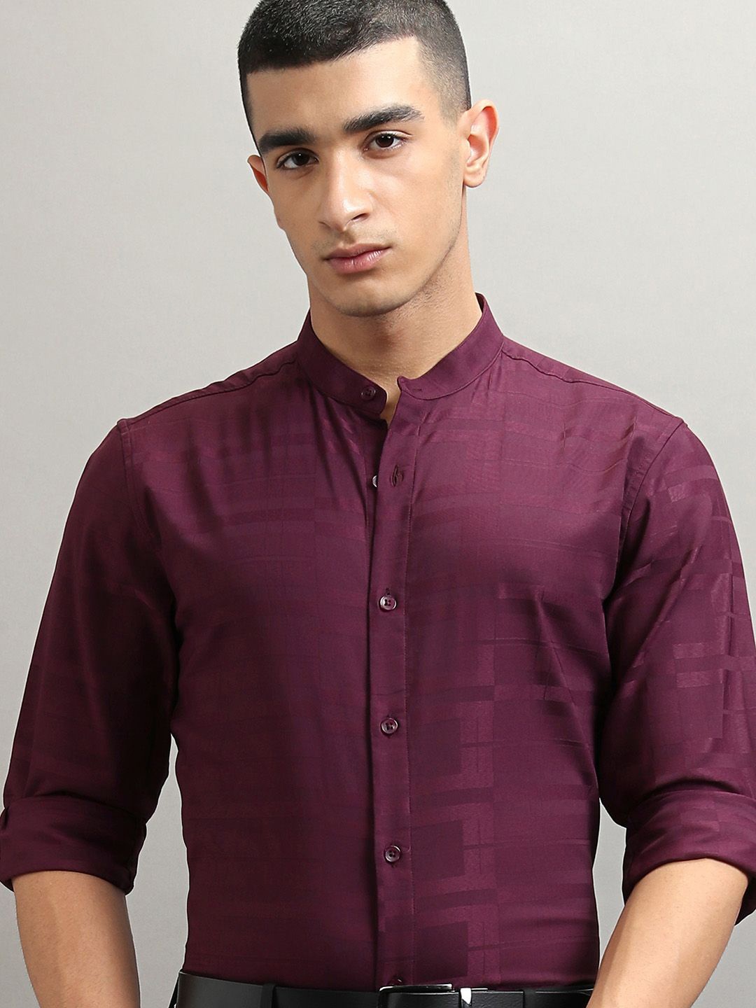 

Highlander Men Dobby Textured Solid Mandarin Collar Mui Occasion Shirt, Purple