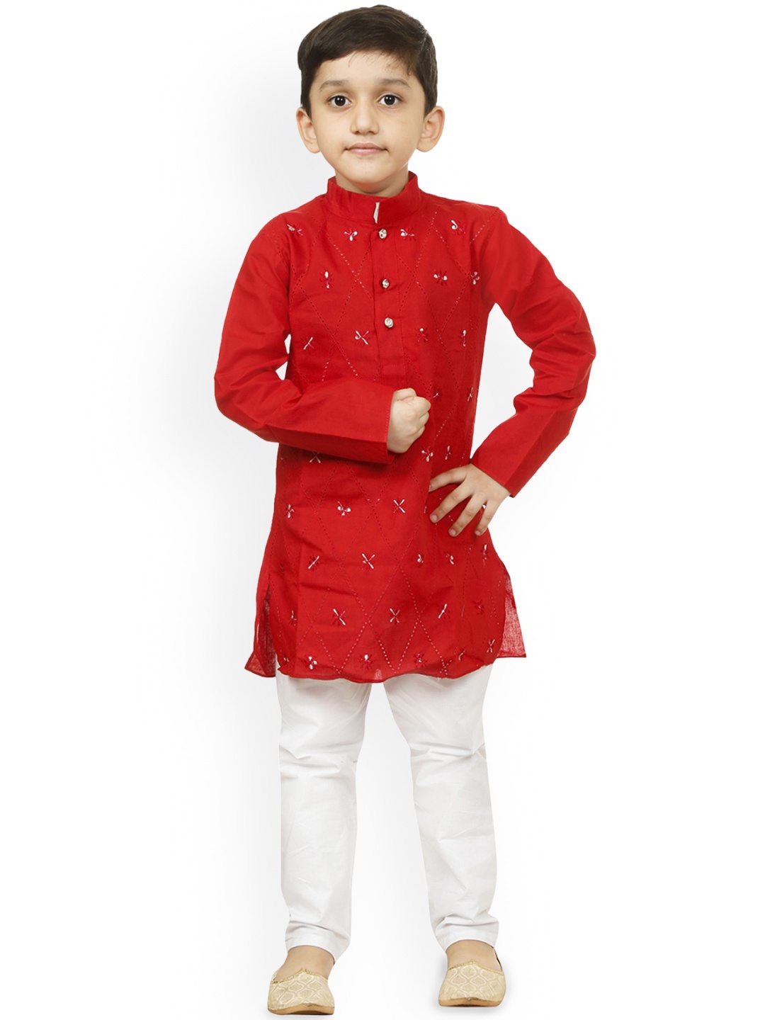 

NFC CREATION Boys Geometric Embroidered Kurta with Pyjamas, Red